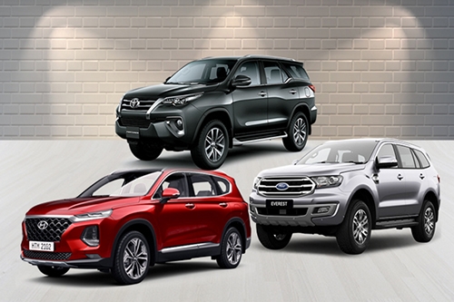 Phân khúc SUV cỡ D tại Việt Nam có nhiều lựa chọn như Toyota Fortuner, Ford Everest hay Hyundai Santa Fe. Đồ hoạ: Tạ Lư